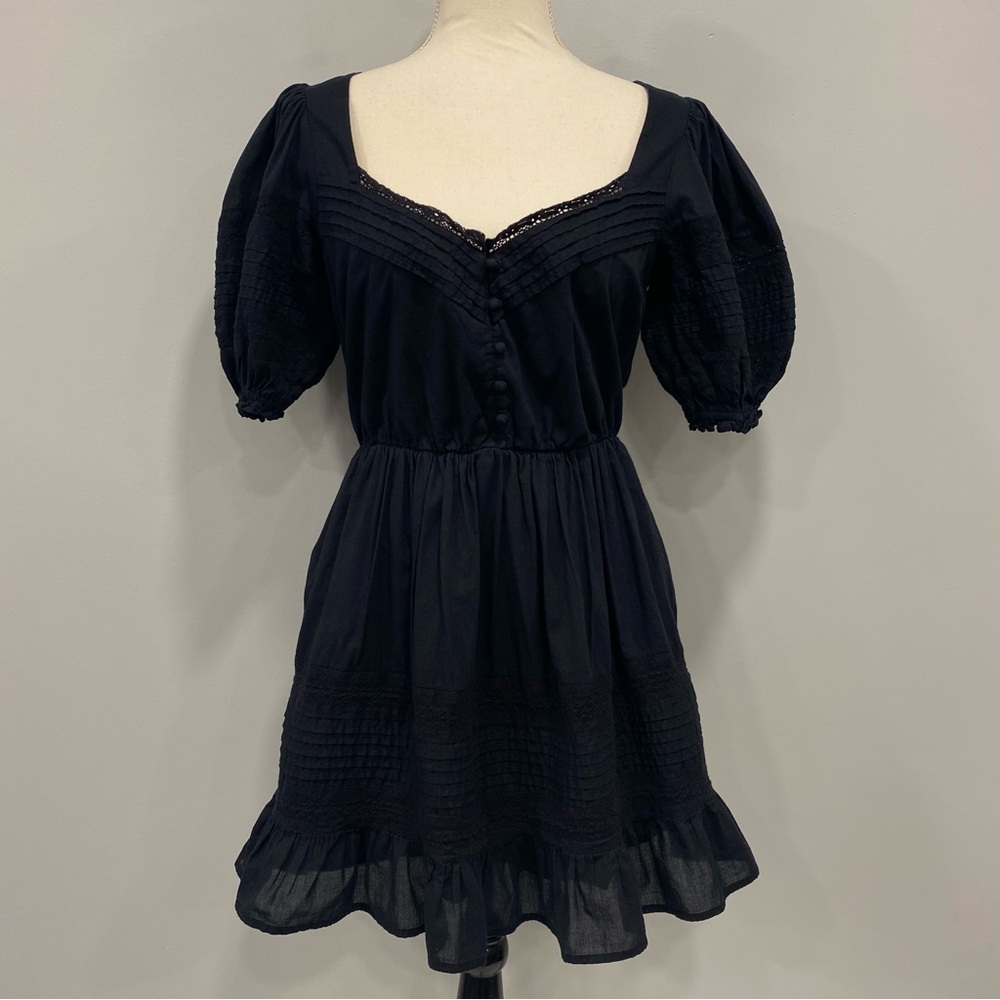 A & F S Black Pleated Ruffle Puff Sleeve Mini Cotton Dress Whimsigoth Victorian